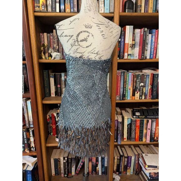 Basix Black Label Women's Size 4 Silver Sequin 100% Silk Knee mini Dress - Picture 3 of 10